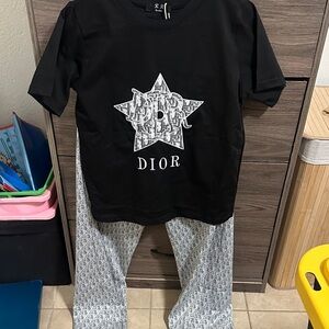 Black Tee with White Star Logo and Gray Monogram Pants size S